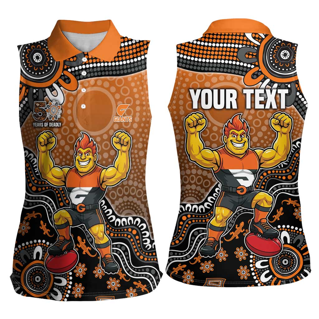 Personalized Giants Football Mascot Women Sleeveless Polo Shirt Aboriginal Dot Art Style Vibrant Indigenous Pattern Design