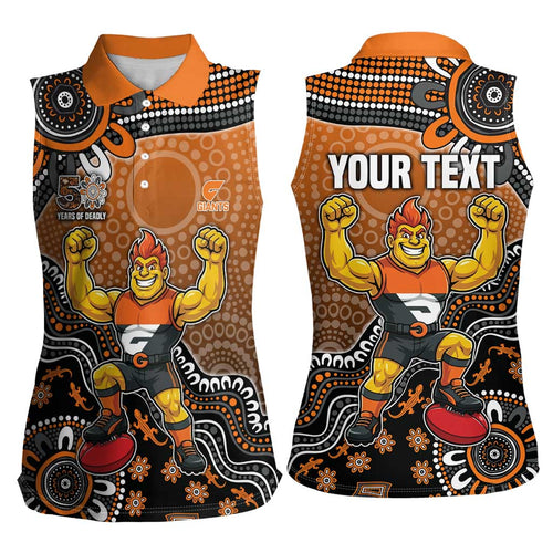 Personalized Giants Football Mascot Women Sleeveless Polo Shirt Aboriginal Dot Art Style Vibrant Indigenous Pattern Design