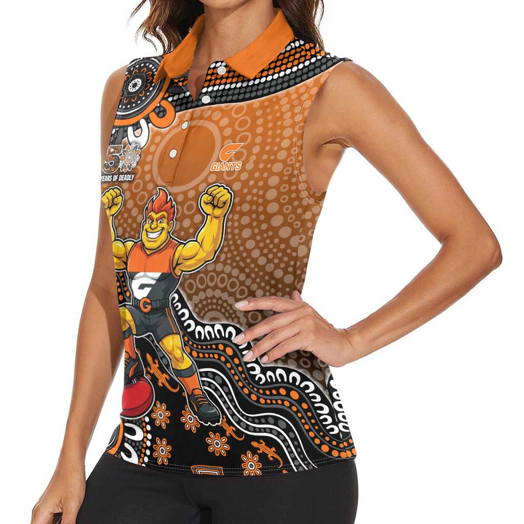 Personalized Giants Football Mascot Women Sleeveless Polo Shirt Aboriginal Dot Art Style Vibrant Indigenous Pattern Design