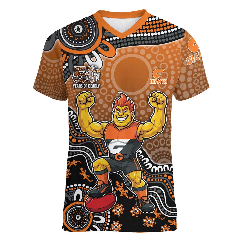Personalized Giants Football Mascot Women V-Neck T-Shirt Aboriginal Dot Art Style Vibrant Indigenous Pattern Design