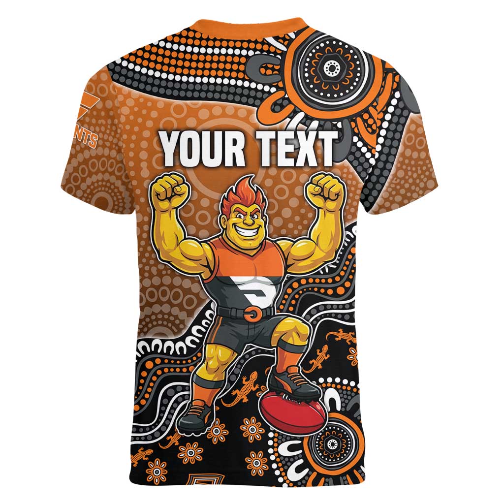 Personalized Giants Football Mascot Women V-Neck T-Shirt Aboriginal Dot Art Style Vibrant Indigenous Pattern Design