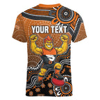 Personalized Giants Football Mascot Women V-Neck T-Shirt Aboriginal Dot Art Style Vibrant Indigenous Pattern Design