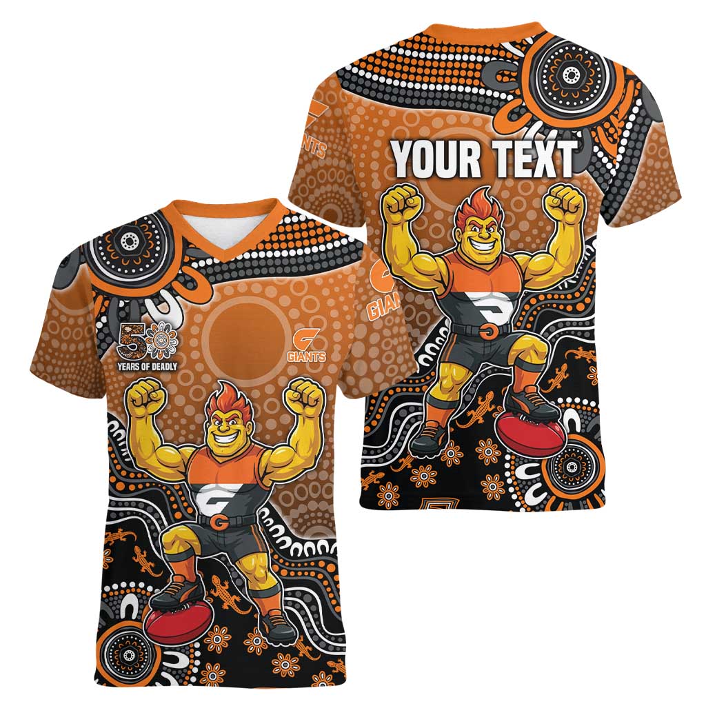 Personalized Giants Football Mascot Women V-Neck T-Shirt Aboriginal Dot Art Style Vibrant Indigenous Pattern Design