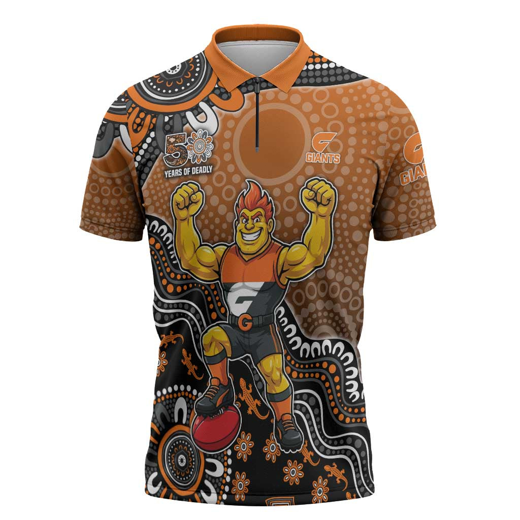 Personalized Giants Football Mascot Zipper Polo Shirt Aboriginal Dot Art Style Vibrant Indigenous Pattern Design
