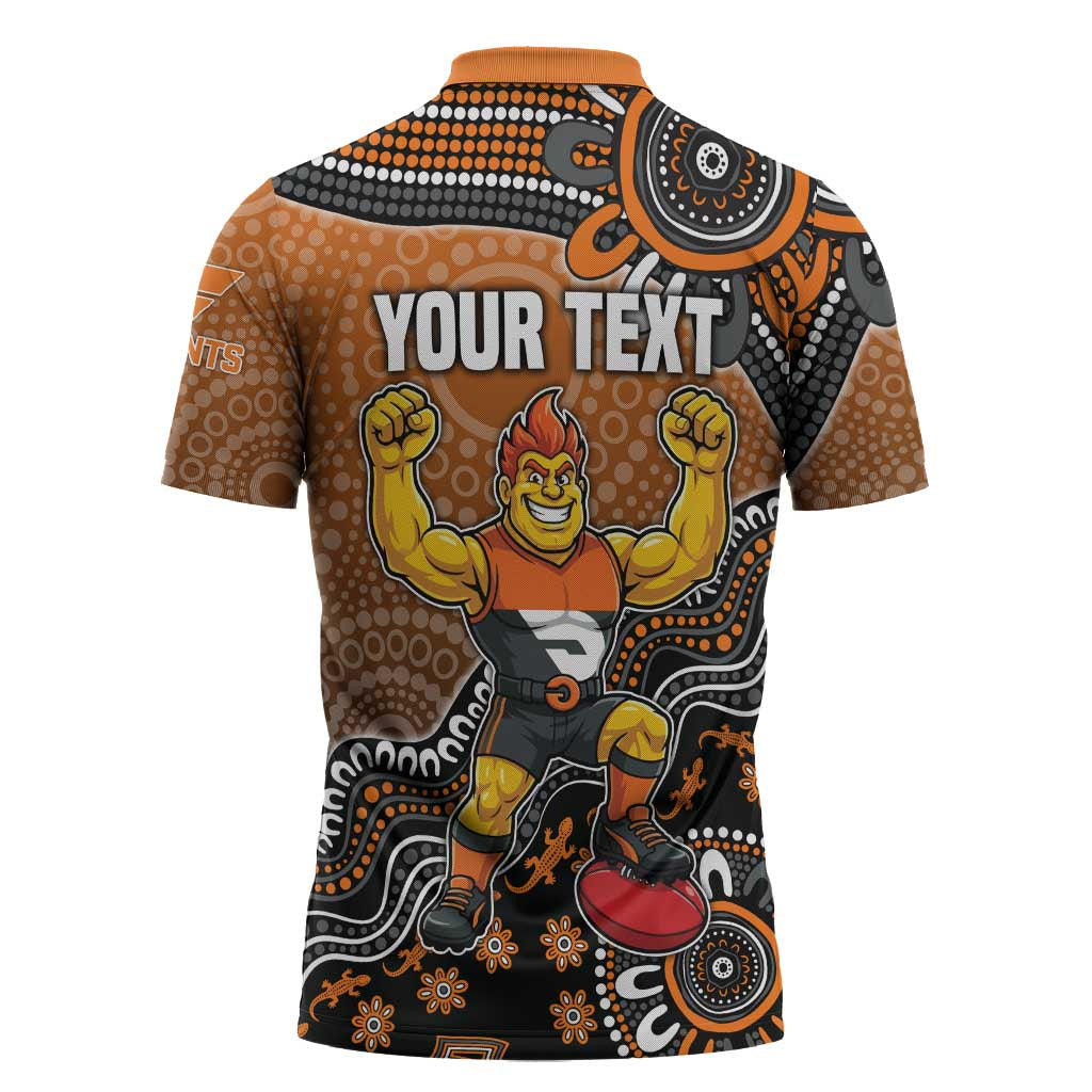Personalized Giants Football Mascot Zipper Polo Shirt Aboriginal Dot Art Style Vibrant Indigenous Pattern Design