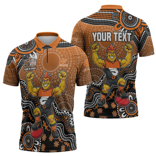 Personalized Giants Football Mascot Zipper Polo Shirt Aboriginal Dot Art Style Vibrant Indigenous Pattern Design
