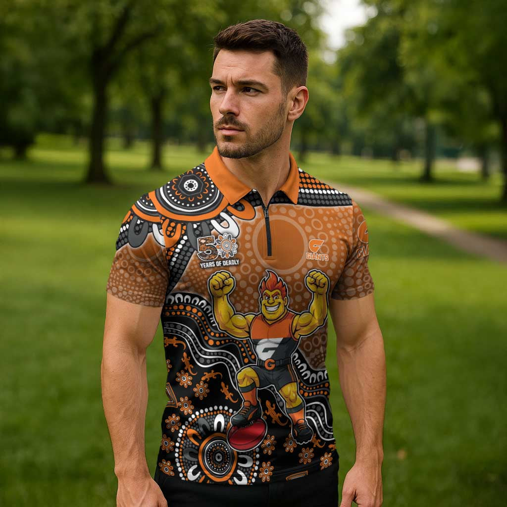 Personalized Giants Football Mascot Zipper Polo Shirt Aboriginal Dot Art Style Vibrant Indigenous Pattern Design