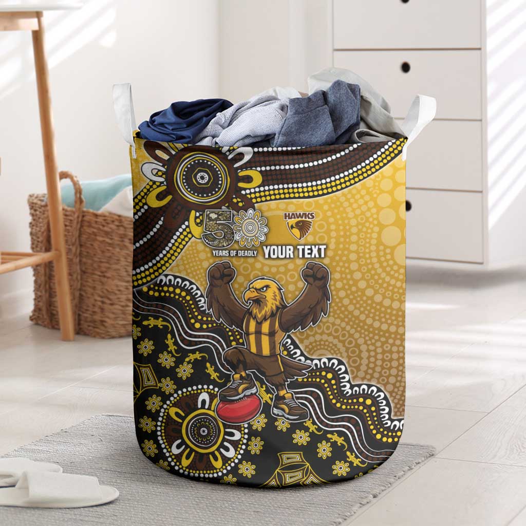 Personalized Hawks Football Mascot Laundry Basket Aboriginal Dot Art Style Vibrant Indigenous Pattern Design