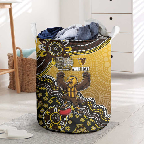 Personalized Hawks Football Mascot Laundry Basket Aboriginal Dot Art Style Vibrant Indigenous Pattern Design