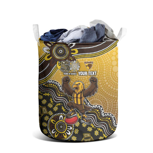 Personalized Hawks Football Mascot Laundry Basket Aboriginal Dot Art Style Vibrant Indigenous Pattern Design
