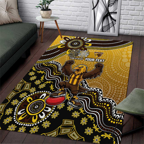 Personalized Hawks Football Mascot Area Rug Aboriginal Dot Art Style Vibrant Indigenous Pattern Design