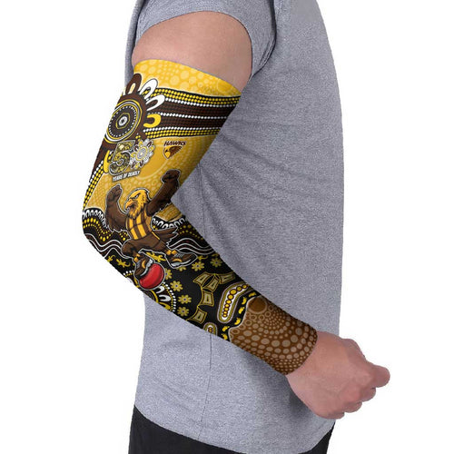 Personalized Hawks Football Mascot Arm Sleeves Aboriginal Dot Art Style Vibrant Indigenous Pattern Design