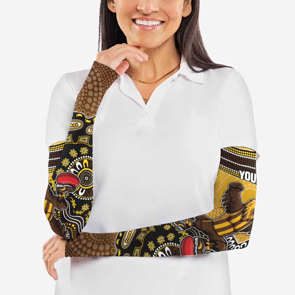 Personalized Hawks Football Mascot Arm Sleeves Aboriginal Dot Art Style Vibrant Indigenous Pattern Design