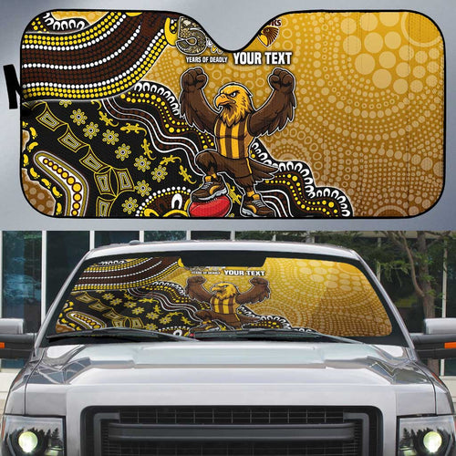 Personalized Hawks Football Mascot Auto Sun Shade Aboriginal Dot Art Style Vibrant Indigenous Pattern Design