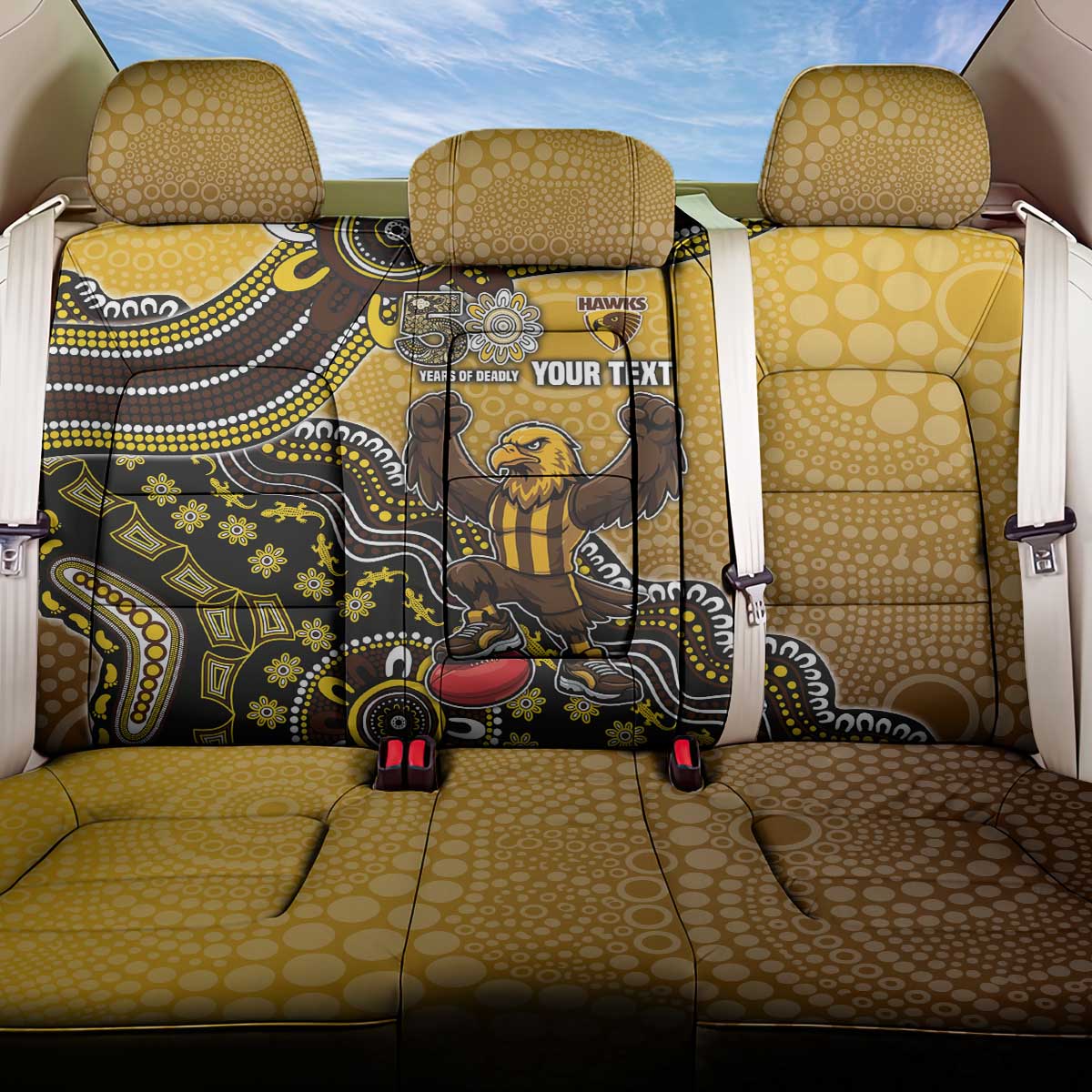 Personalized Hawks Football Mascot Back Car Seat Cover Aboriginal Dot Art Style Vibrant Indigenous Pattern Design
