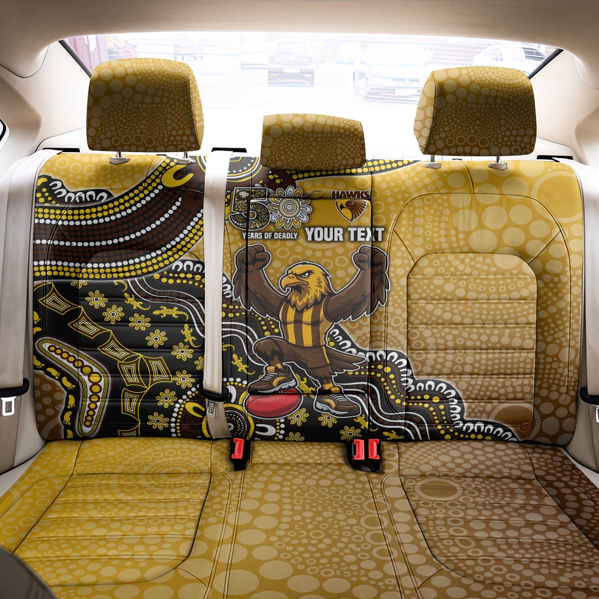 Personalized Hawks Football Mascot Back Car Seat Cover Aboriginal Dot Art Style Vibrant Indigenous Pattern Design