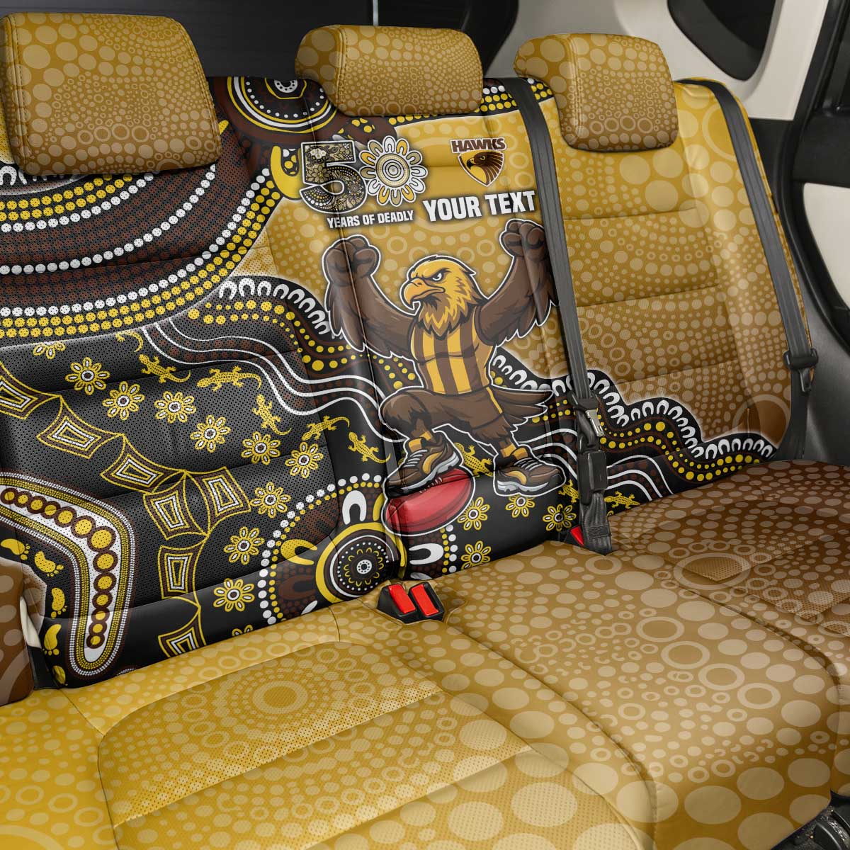 Personalized Hawks Football Mascot Back Car Seat Cover Aboriginal Dot Art Style Vibrant Indigenous Pattern Design