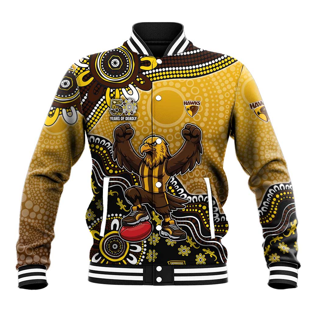 Personalized Hawks Football Mascot Baseball Jacket Aboriginal Dot Art Style Vibrant Indigenous Pattern Design