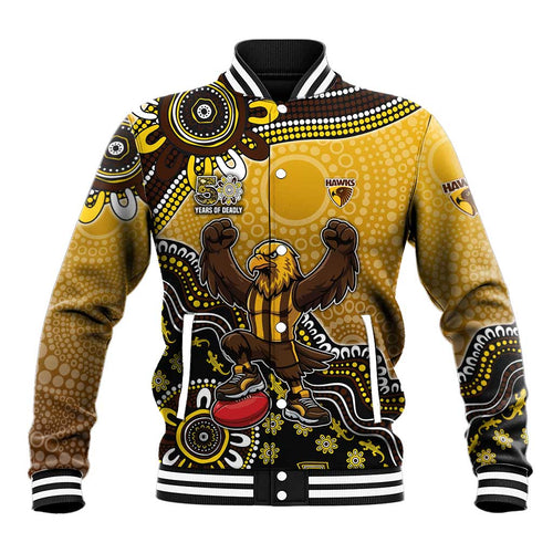 Personalized Hawks Football Mascot Baseball Jacket Aboriginal Dot Art Style Vibrant Indigenous Pattern Design
