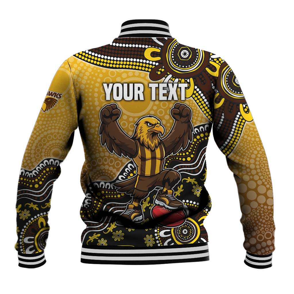 Personalized Hawks Football Mascot Baseball Jacket Aboriginal Dot Art Style Vibrant Indigenous Pattern Design