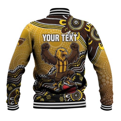 Personalized Hawks Football Mascot Baseball Jacket Aboriginal Dot Art Style Vibrant Indigenous Pattern Design