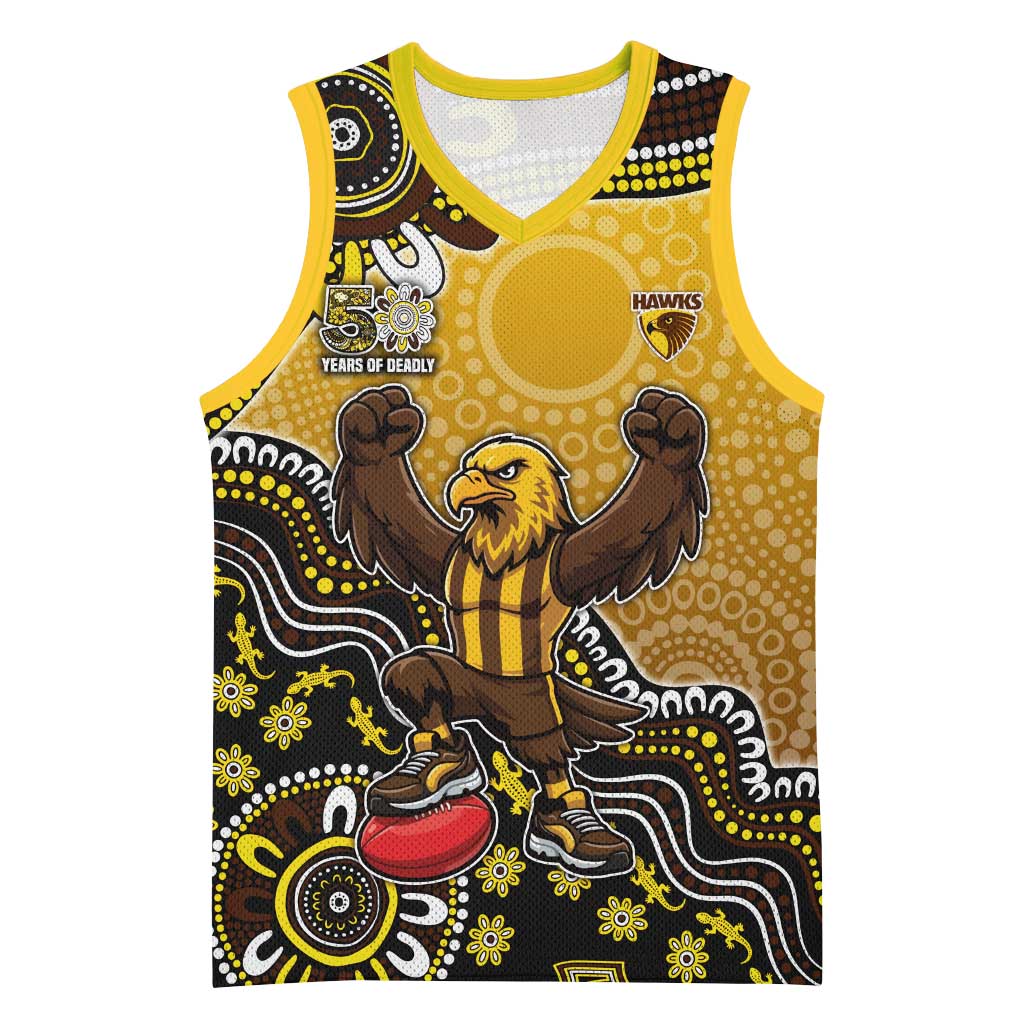 Personalized Hawks Football Mascot Basketball Jersey Aboriginal Dot Art Style Vibrant Indigenous Pattern Design