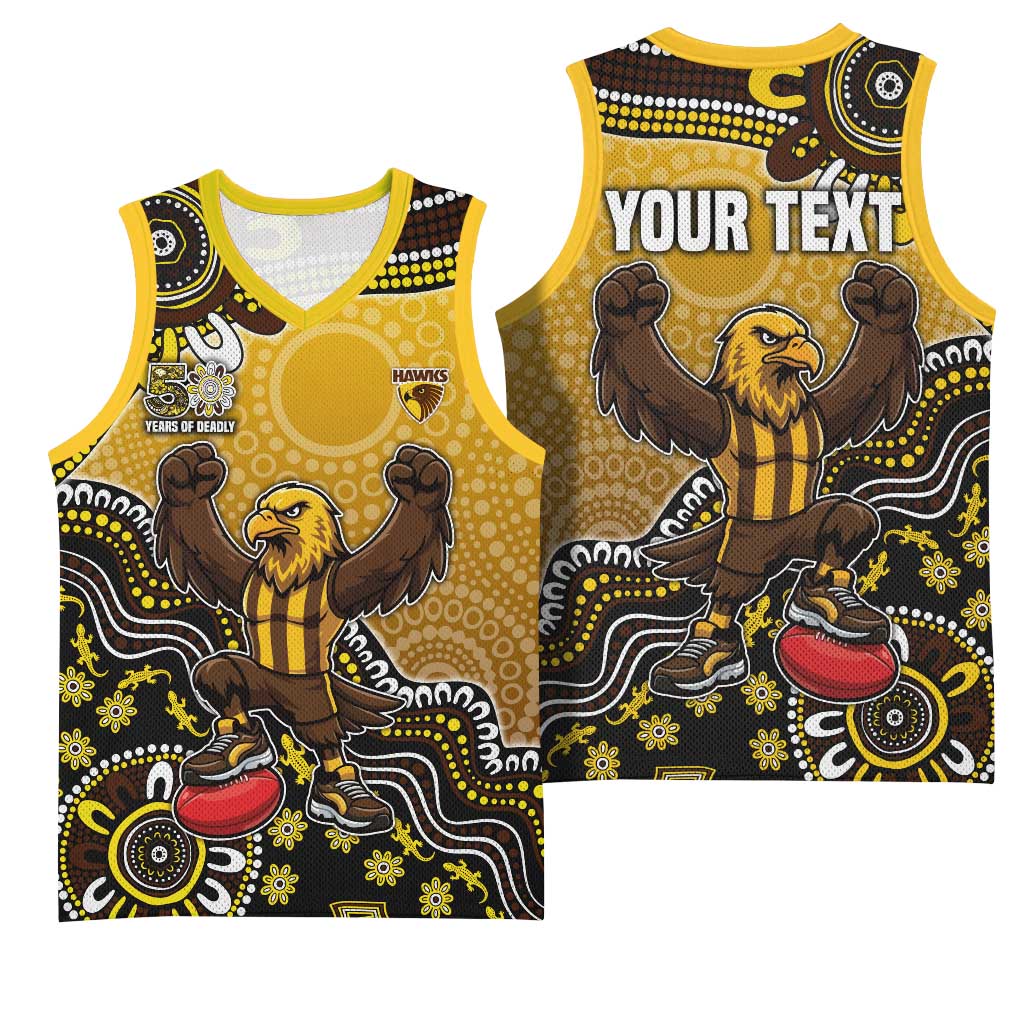 Personalized Hawks Football Mascot Basketball Jersey Aboriginal Dot Art Style Vibrant Indigenous Pattern Design