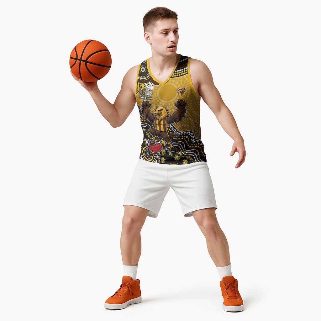 Personalized Hawks Football Mascot Basketball Jersey Aboriginal Dot Art Style Vibrant Indigenous Pattern Design