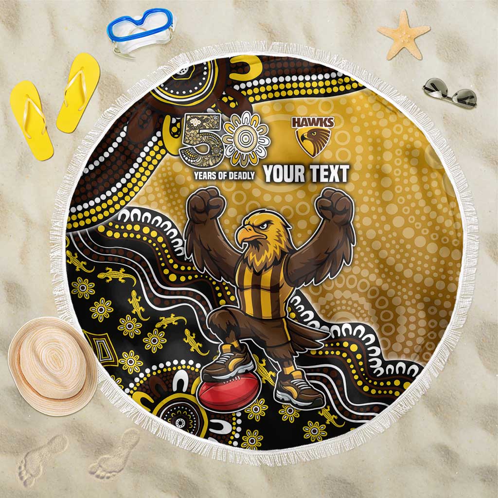 Personalized Hawks Football Mascot Beach Blanket Aboriginal Dot Art Style Vibrant Indigenous Pattern Design