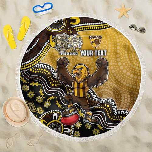 Personalized Hawks Football Mascot Beach Blanket Aboriginal Dot Art Style Vibrant Indigenous Pattern Design