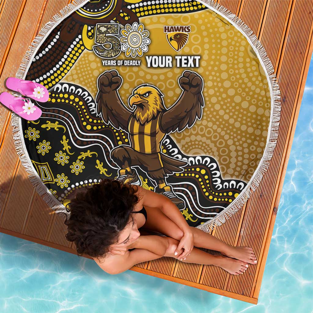 Personalized Hawks Football Mascot Beach Blanket Aboriginal Dot Art Style Vibrant Indigenous Pattern Design