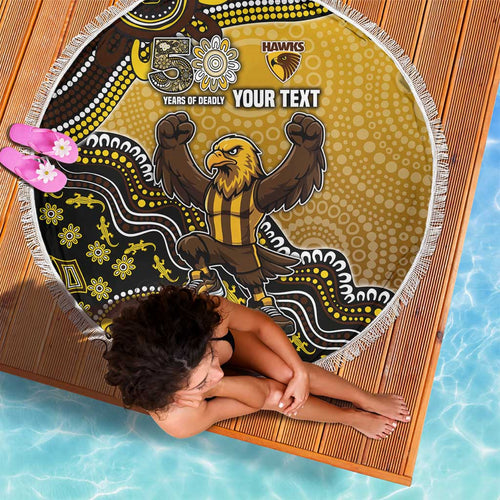 Personalized Hawks Football Mascot Beach Blanket Aboriginal Dot Art Style Vibrant Indigenous Pattern Design