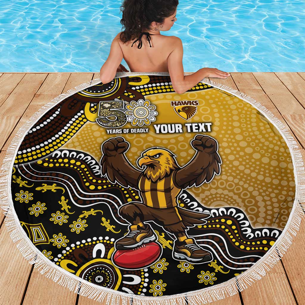 Personalized Hawks Football Mascot Beach Blanket Aboriginal Dot Art Style Vibrant Indigenous Pattern Design