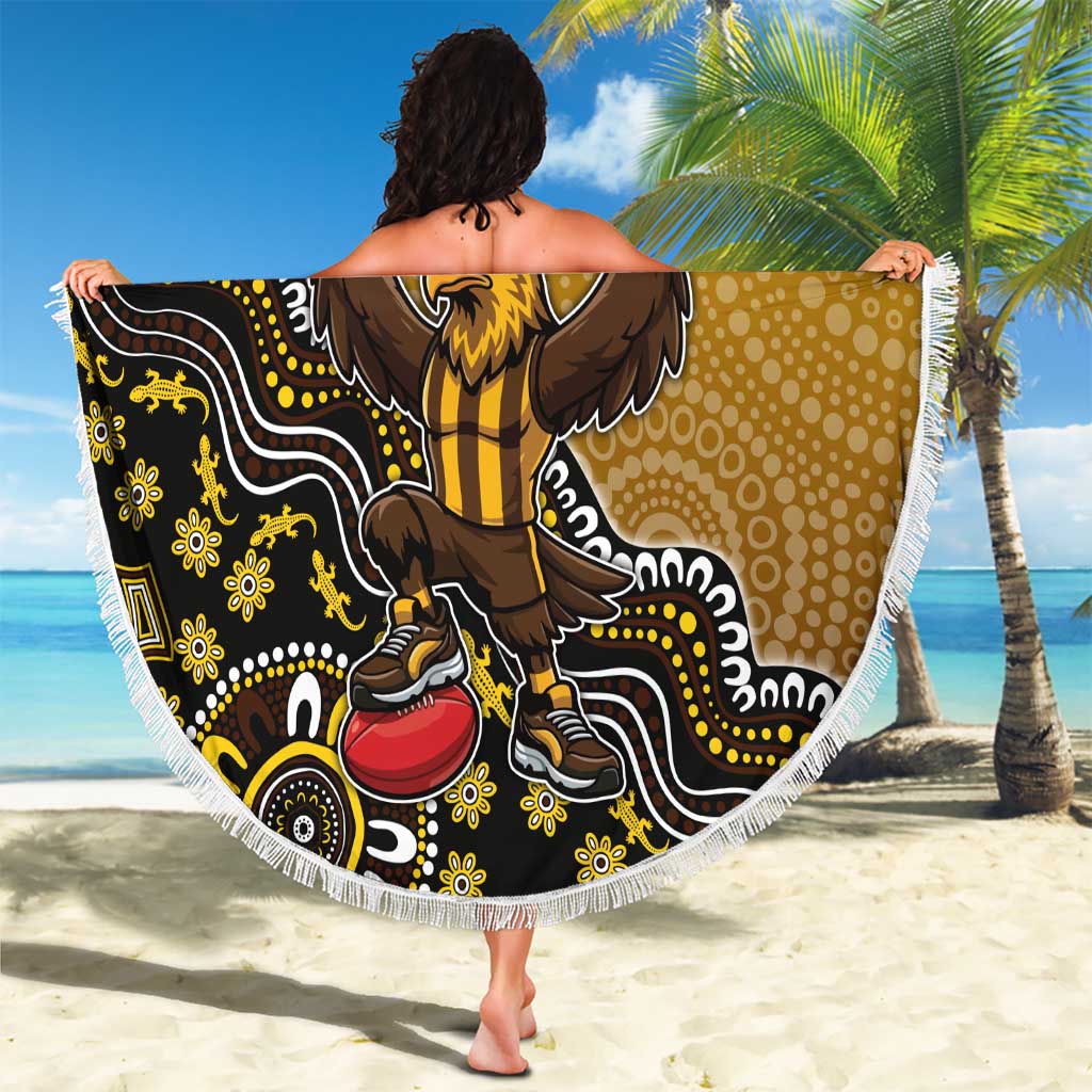 Personalized Hawks Football Mascot Beach Blanket Aboriginal Dot Art Style Vibrant Indigenous Pattern Design