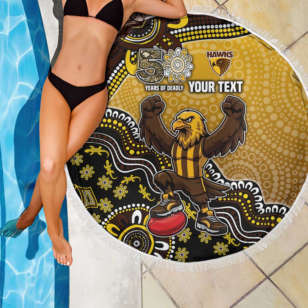 Personalized Hawks Football Mascot Beach Blanket Aboriginal Dot Art Style Vibrant Indigenous Pattern Design