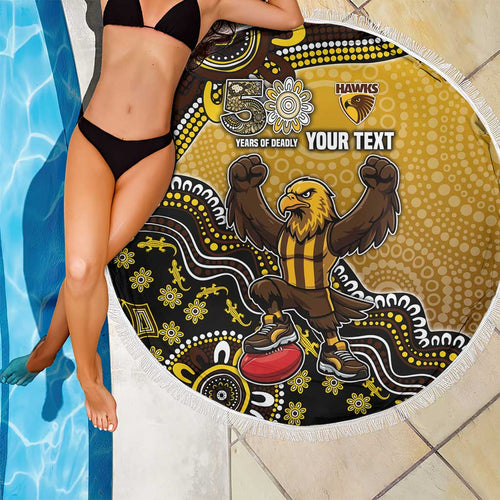 Personalized Hawks Football Mascot Beach Blanket Aboriginal Dot Art Style Vibrant Indigenous Pattern Design