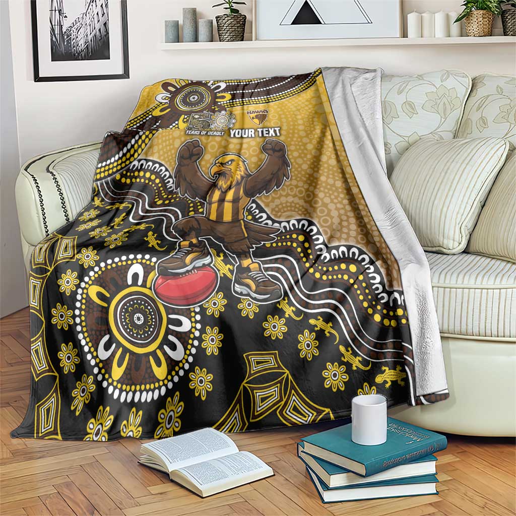 Personalized Hawks Football Mascot Blanket Aboriginal Dot Art Style Vibrant Indigenous Pattern Design