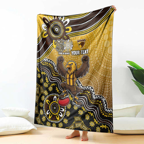 Personalized Hawks Football Mascot Blanket Aboriginal Dot Art Style Vibrant Indigenous Pattern Design
