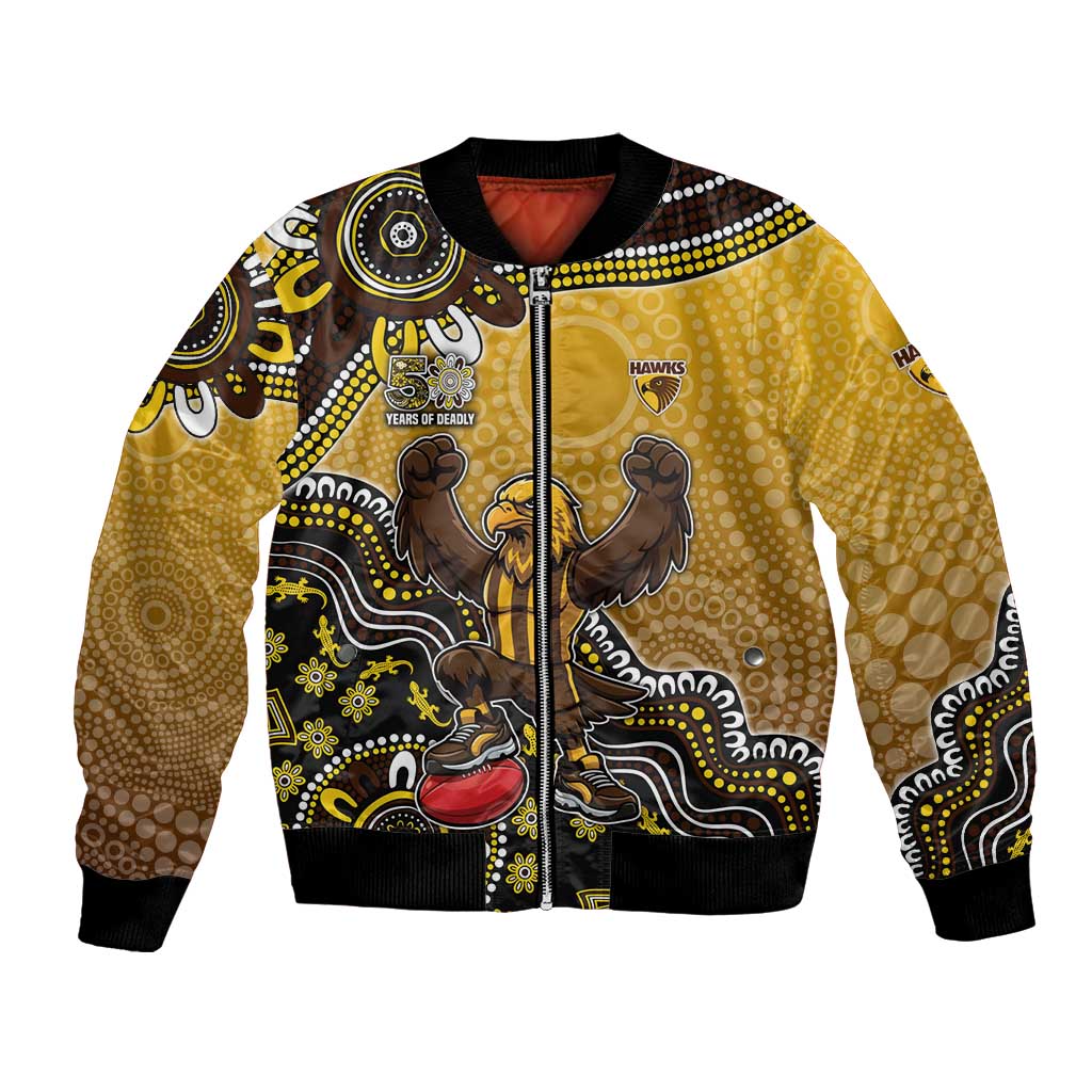 Personalized Hawks Football Mascot Bomber Jacket Aboriginal Dot Art Style Vibrant Indigenous Pattern Design