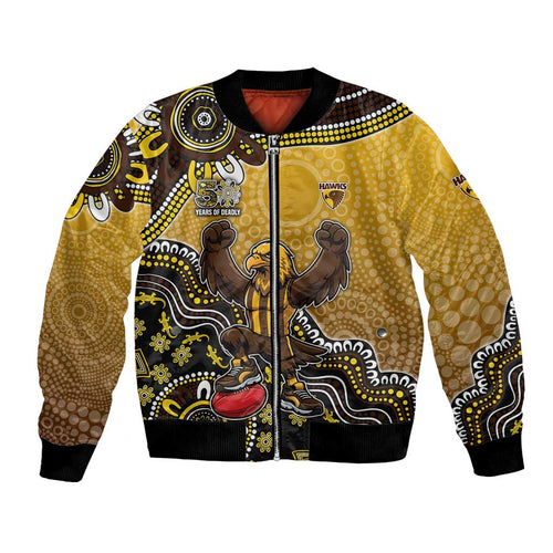 Personalized Hawks Football Mascot Bomber Jacket Aboriginal Dot Art Style Vibrant Indigenous Pattern Design