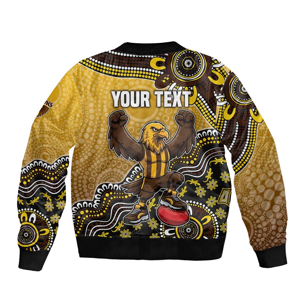 Personalized Hawks Football Mascot Bomber Jacket Aboriginal Dot Art Style Vibrant Indigenous Pattern Design