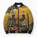Personalized Hawks Football Mascot Bomber Puffer Jacket Aboriginal Dot Art Style Vibrant Indigenous Pattern Design