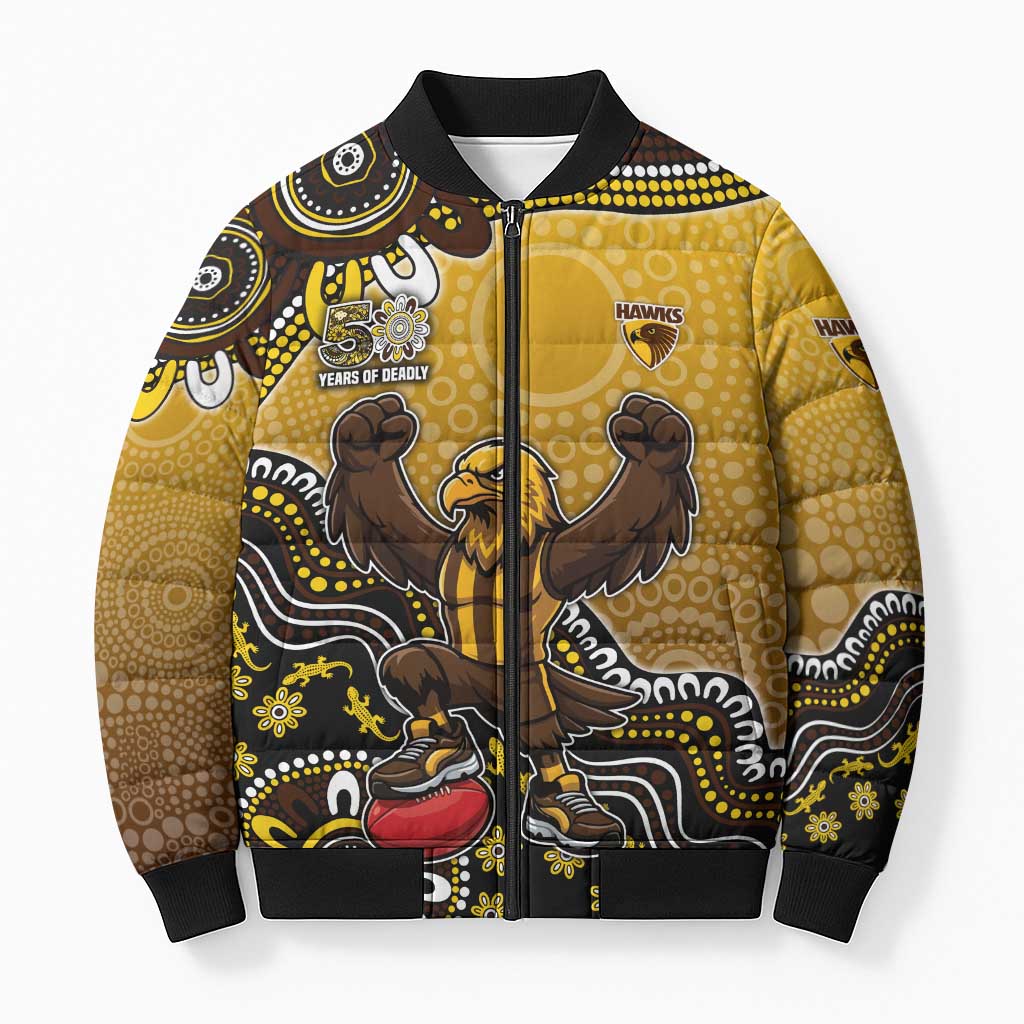 Personalized Hawks Football Mascot Bomber Puffer Jacket Aboriginal Dot Art Style Vibrant Indigenous Pattern Design