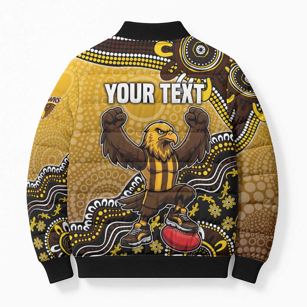Personalized Hawks Football Mascot Bomber Puffer Jacket Aboriginal Dot Art Style Vibrant Indigenous Pattern Design