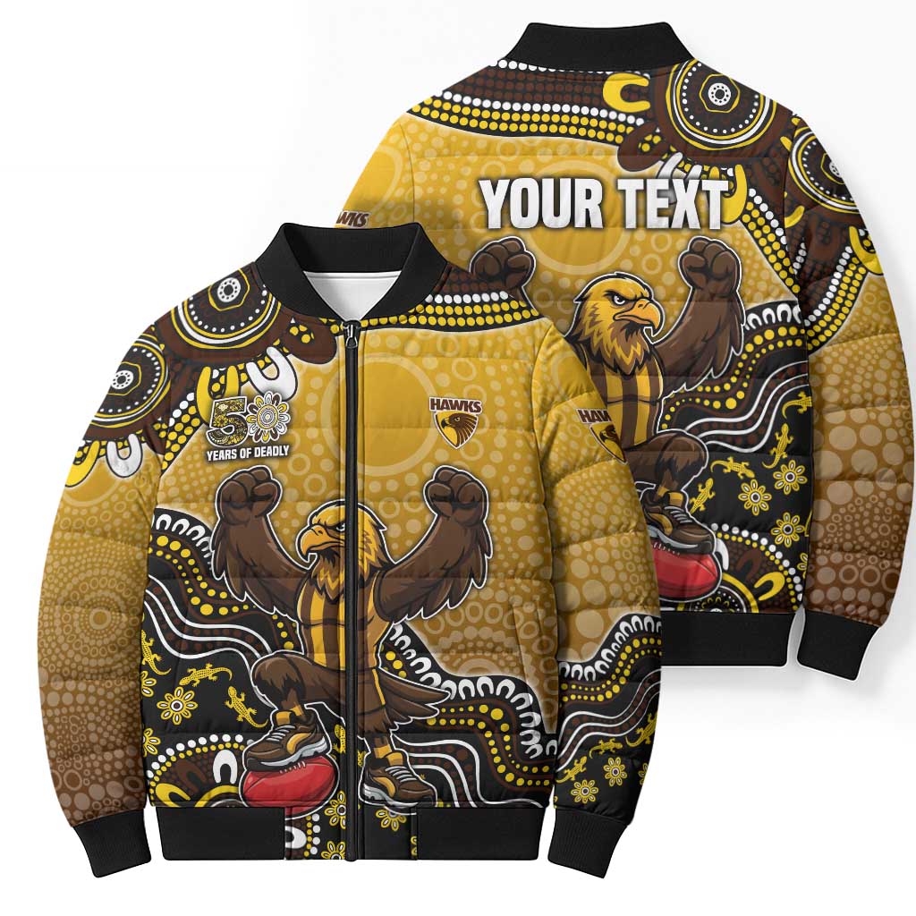 Personalized Hawks Football Mascot Bomber Puffer Jacket Aboriginal Dot Art Style Vibrant Indigenous Pattern Design