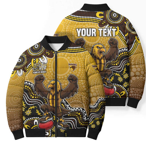 Personalized Hawks Football Mascot Bomber Puffer Jacket Aboriginal Dot Art Style Vibrant Indigenous Pattern Design
