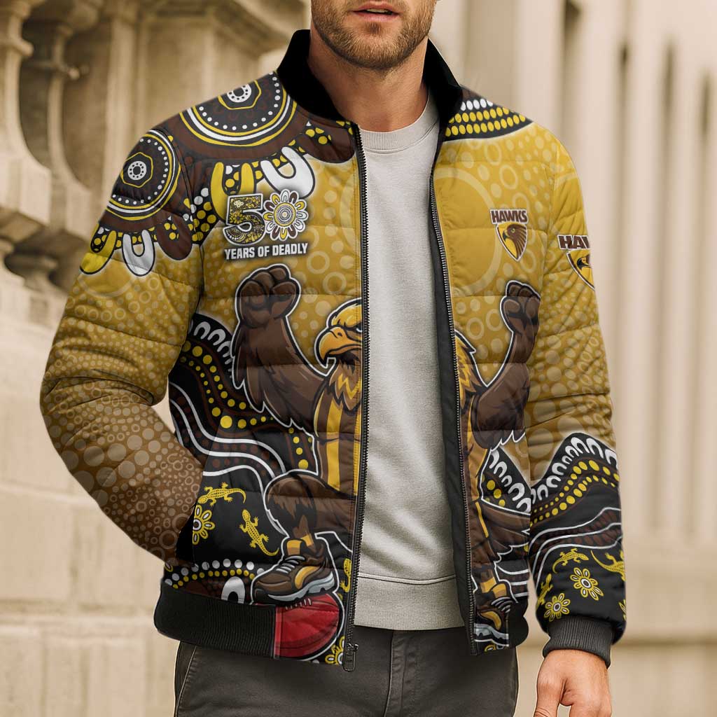 Personalized Hawks Football Mascot Bomber Puffer Jacket Aboriginal Dot Art Style Vibrant Indigenous Pattern Design