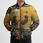 Personalized Hawks Football Mascot Bomber Puffer Jacket Aboriginal Dot Art Style Vibrant Indigenous Pattern Design