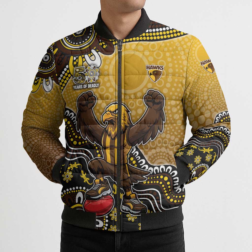 Personalized Hawks Football Mascot Bomber Puffer Jacket Aboriginal Dot Art Style Vibrant Indigenous Pattern Design