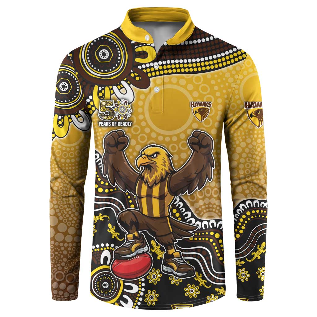 Personalized Hawks Football Mascot Button Sweatshirt Aboriginal Dot Art Style Vibrant Indigenous Pattern Design